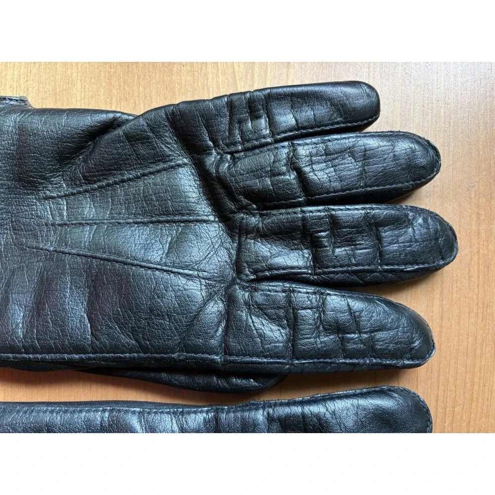 Leather Gloves Black Rabbit Fur Lined Women Large *Read